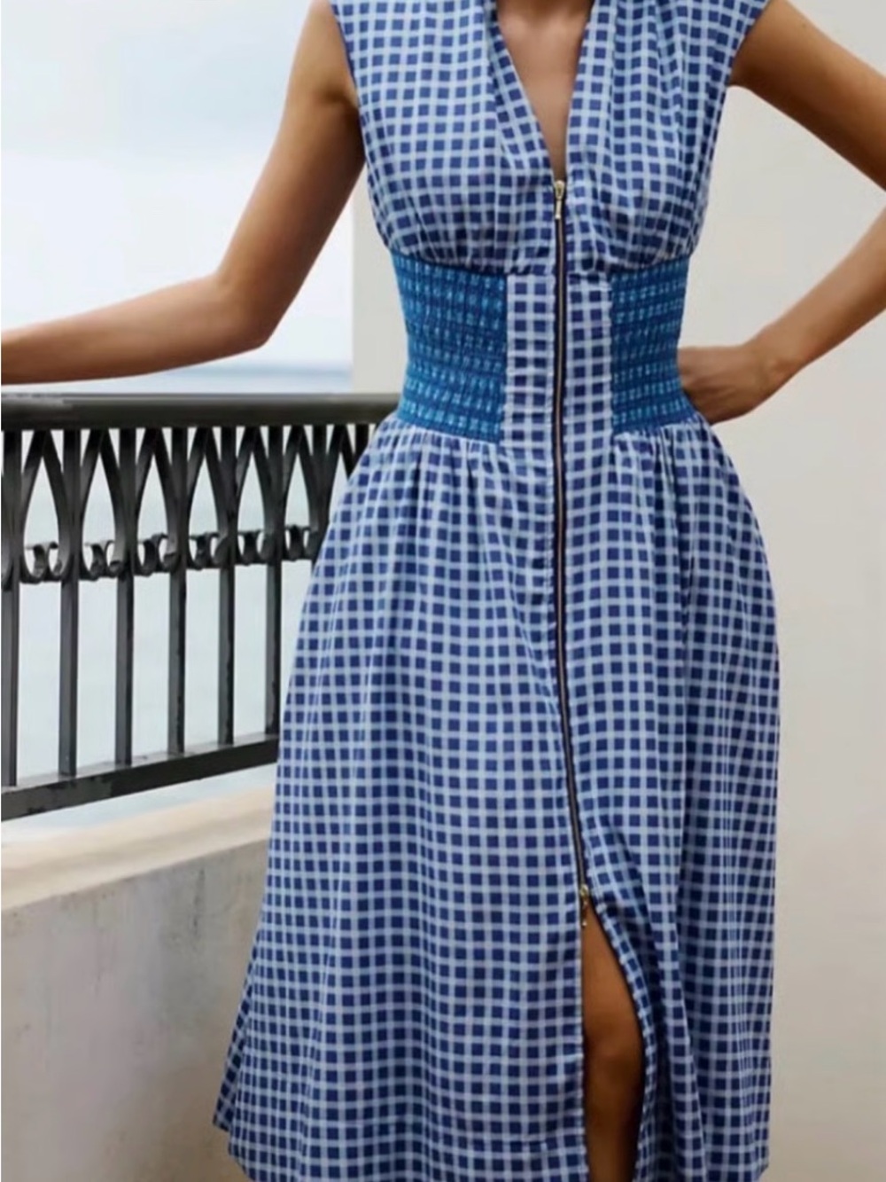 Anthropologie Blue Gingham Zip-Front Midi Dress